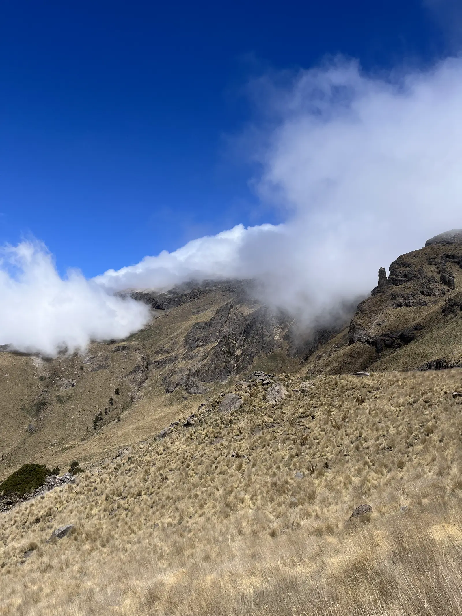 Ladera del Iztaccíhuatl con las nubes rompiendo sobre el pastizal.