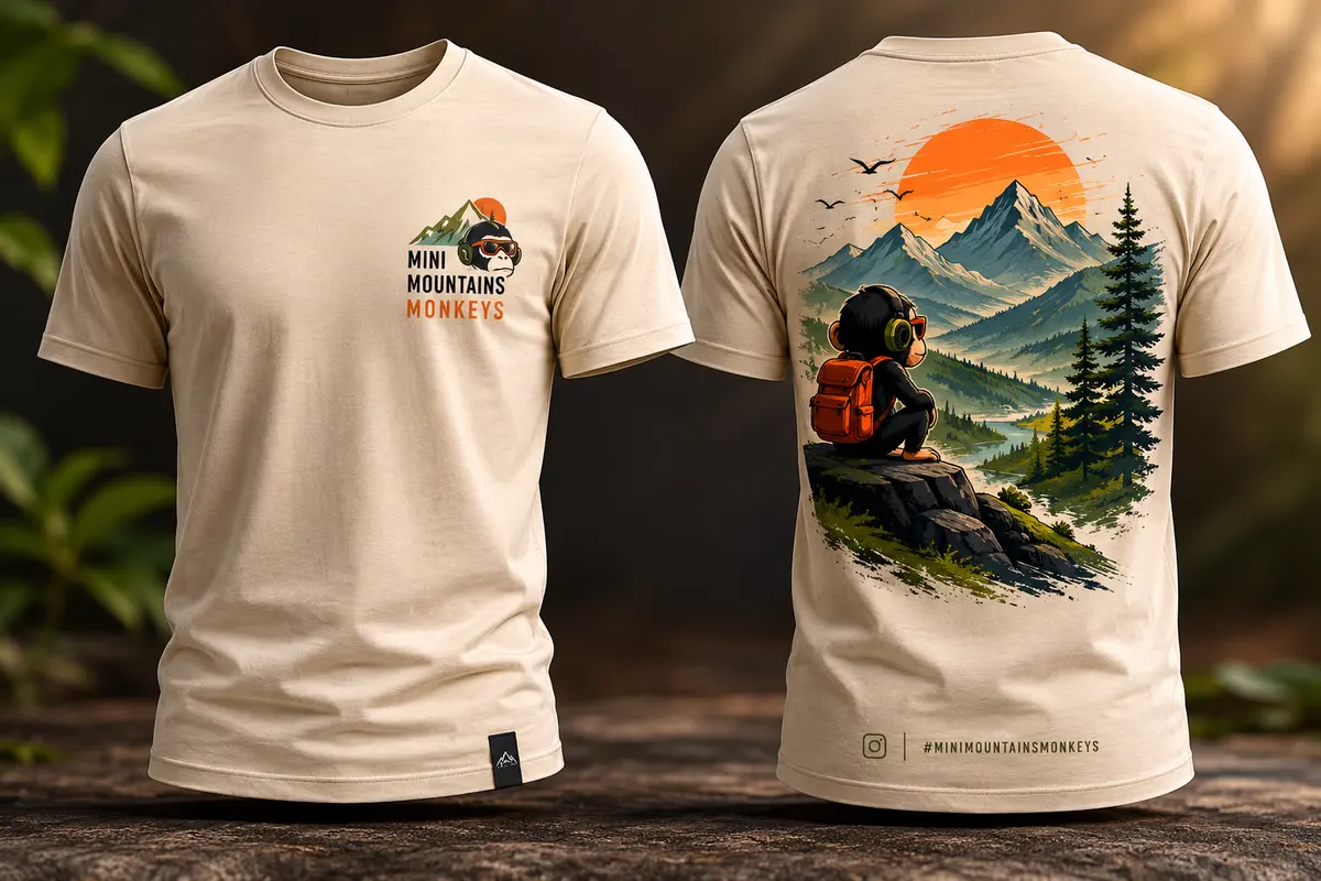 Playera de la línea Monkeys, frente y espalda, con el mono mirando la montaña.