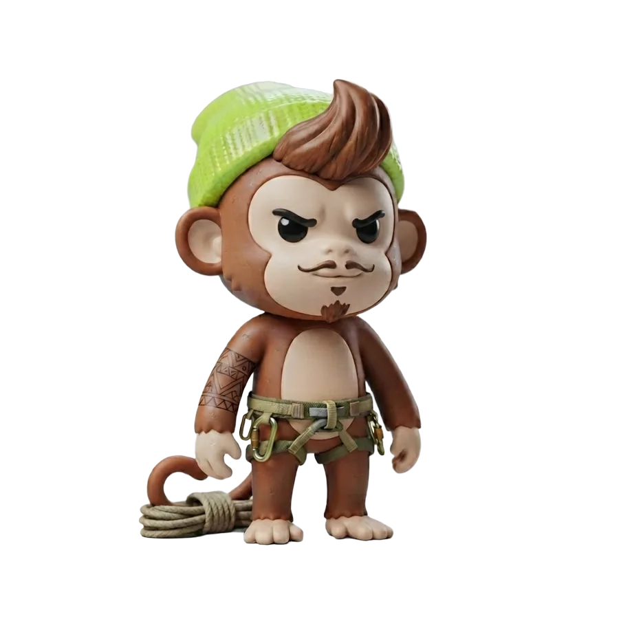 Figura coleccionable del changuito de Mini Mountain Monkeys, con beanie fosfo y arnés.